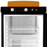 Frigo trimixte noir de 43 L pour camping-car, avec étagères blanches, boutons de contrôle en haut et intérieur lumineux