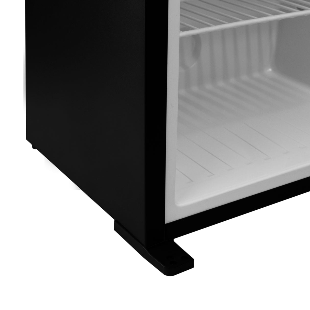 Frigo trimixte noir de 43 L pour camping-car, avec un intérieur blanc et des étagères en plastique, design compact et moderne