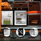 Frigo trimixte noir de 43 L pour camping-car, intérieur blanc avec étagères, bouteilles et compartiments, design compact et moderne