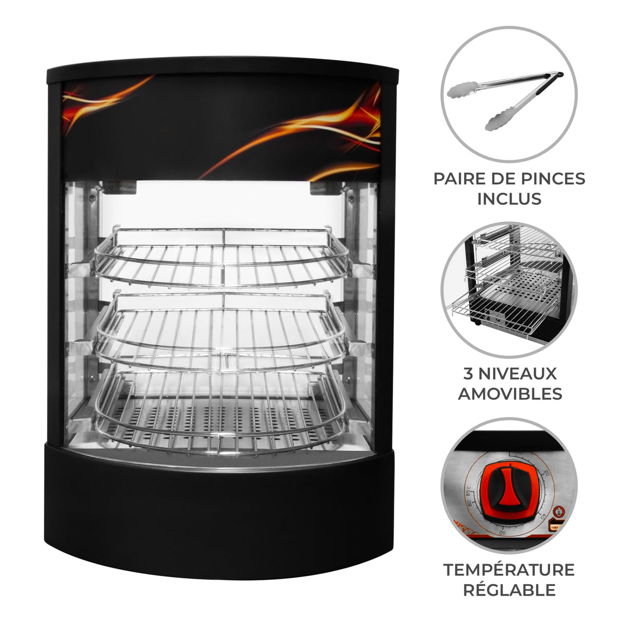 Vitrine chauffante commerciale noire pour pizzas, avec trois niveaux amovibles, température réglable et paire de pinces incluse