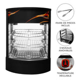 Vitrine chauffante commerciale noire pour pizzas, avec trois niveaux amovibles, température réglable et paire de pinces incluse