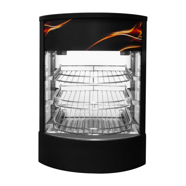 Vitrine chauffante commerciale pour pizzas, design noir élégant, trois étagères en métal, éclairage intérieur, idéale pour la présentation