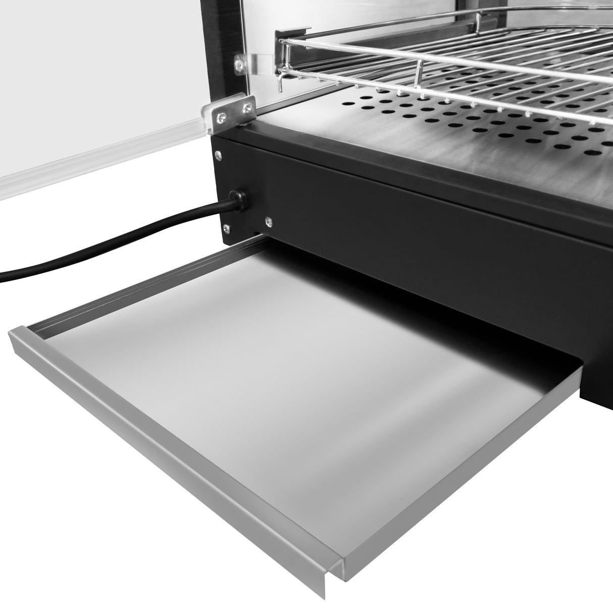 Vitrine chauffante commerciale pour pizzas avec finition en acier inoxydable, tiroir en métal et grille pour une présentation optimale