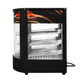 Vitrine chauffante commerciale pour pizzas, design noir élégant, trois étagères en acier inoxydable, éclairage LED vibrant