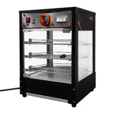Vitrine chauffante noire pour pizzas avec trois étagères en acier inoxydable, éclairage intérieur et commandes en façade orange et rouge
