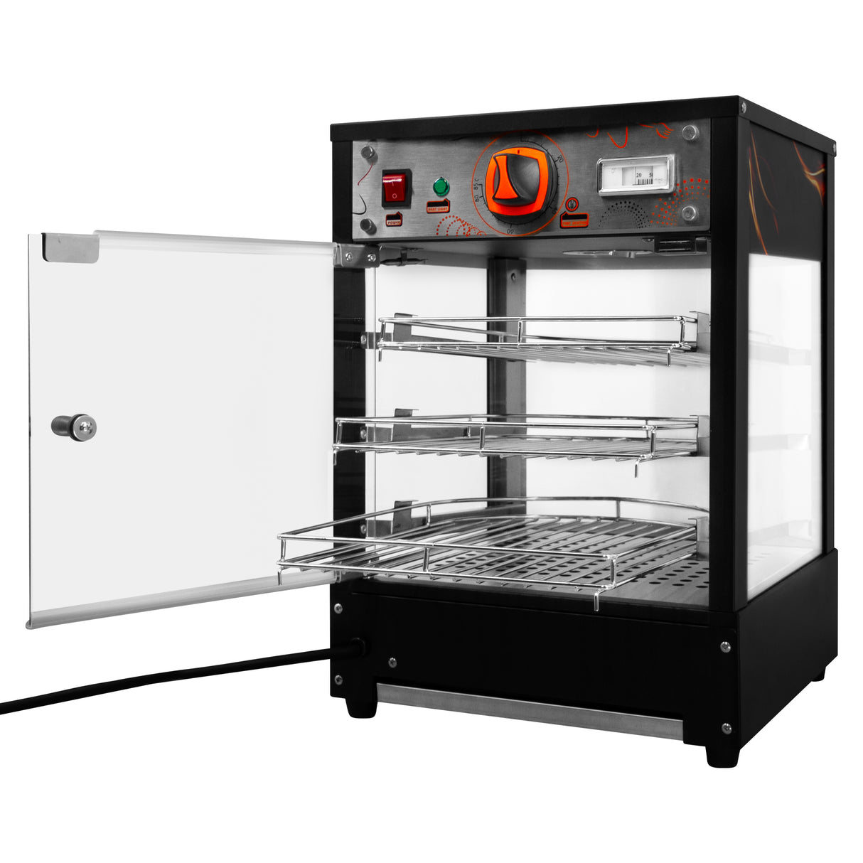 Vitrine chauffante commerciale pour pizzas, noire avec porte en verre, étagères métalliques et éléments de contrôle orange vif