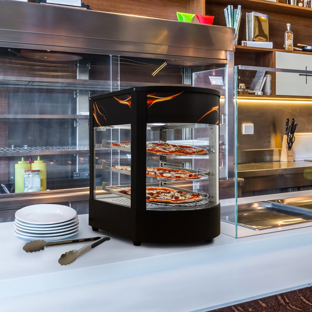 Vitrine chauffante noire avec étagères en verre, affichant des pizzas colorées, idéale pour conserver et présenter des plats chauds en restaurant