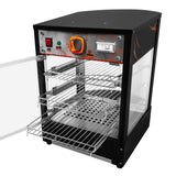 Vitrine chauffante commerciale pour pizzas, noire et argentée, avec portes en verre, étagères en métal et commandes intuitives