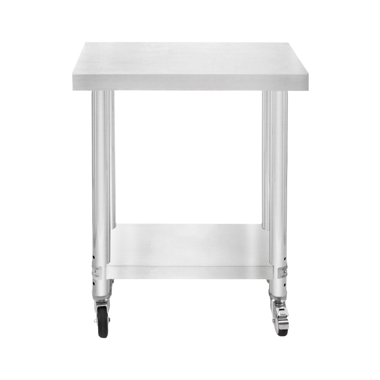 Plan de travail en inox de 60 x 30 x 80 cm, surface lisse et brillante, avec roulettes pour un déplacement facile et pratique