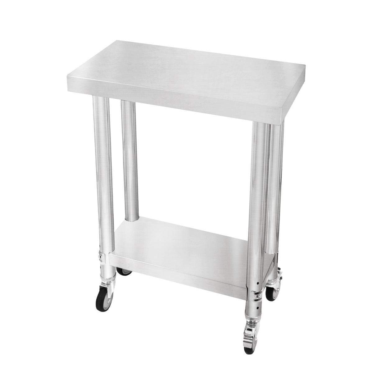 Plan de travail en inox de 60 x 30 x 80 cm, surface lisse et brillante, avec roulettes pour un déplacement facile et pratique