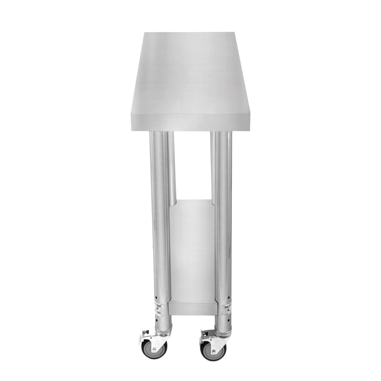 Plan de travail en inox de 60 x 30 x 80 cm avec roulettes, surface lisse et brillante, pieds en acier robuste pour une utilisation professionnelle