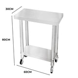 Plan de travail en inox argenté, dimensions 60 x 30 x 80 cm, avec roulettes et étagère inférieure pour rangement pratique