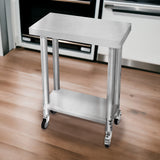 Plan de travail en inox brillant, dimensions 60 x 30 x 80 cm, avec roulettes et étagère inférieure, idéal pour cuisine moderne
