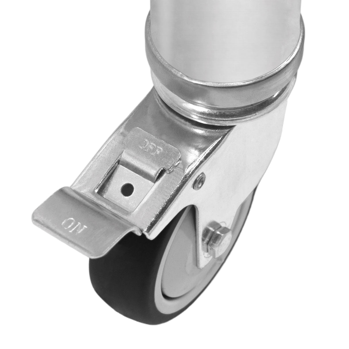Roulette en métal chromé avec frein, conçue pour un plan de travail en inox, offrant mobilité et stabilité sur surfaces lisses