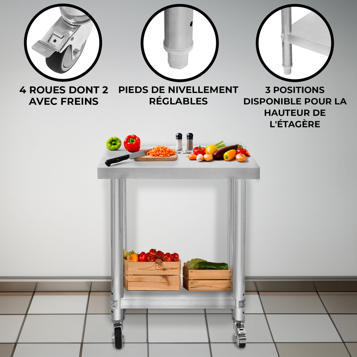 Plan de travail en inox 60 x 30 x 80 cm avec roulettes, pieds réglables et étagère, décoré de légumes frais et d'ustensiles de cuisine