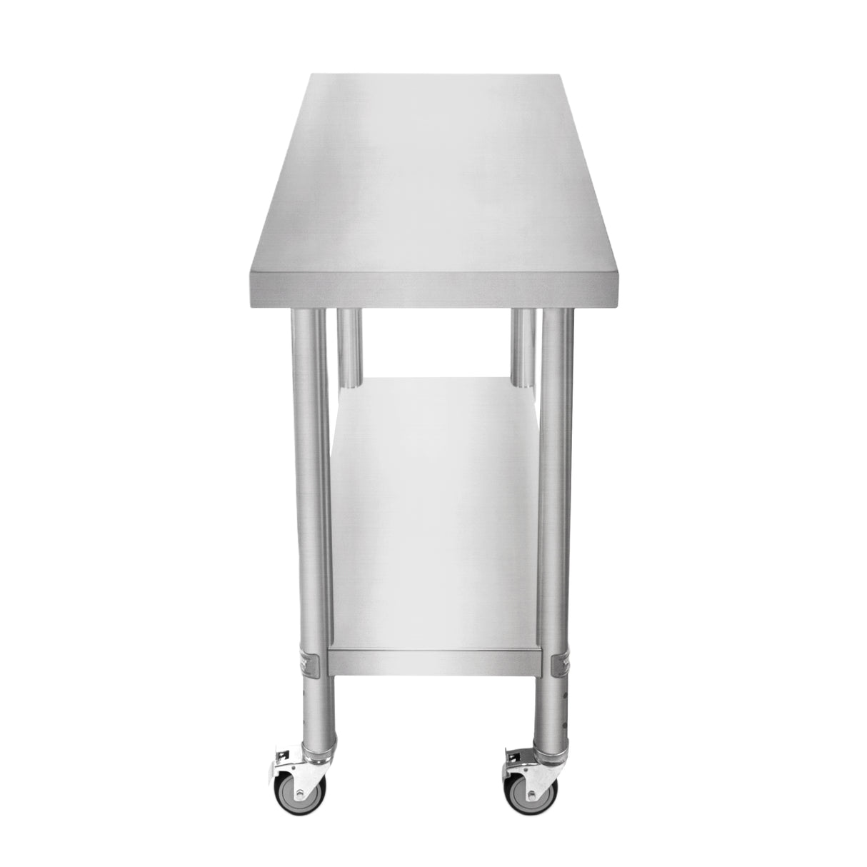 Plan de travail en inox brillant de 76 x 45 x 86 cm avec roulettes, surface lisse et étagère inférieure pratique pour le rangement