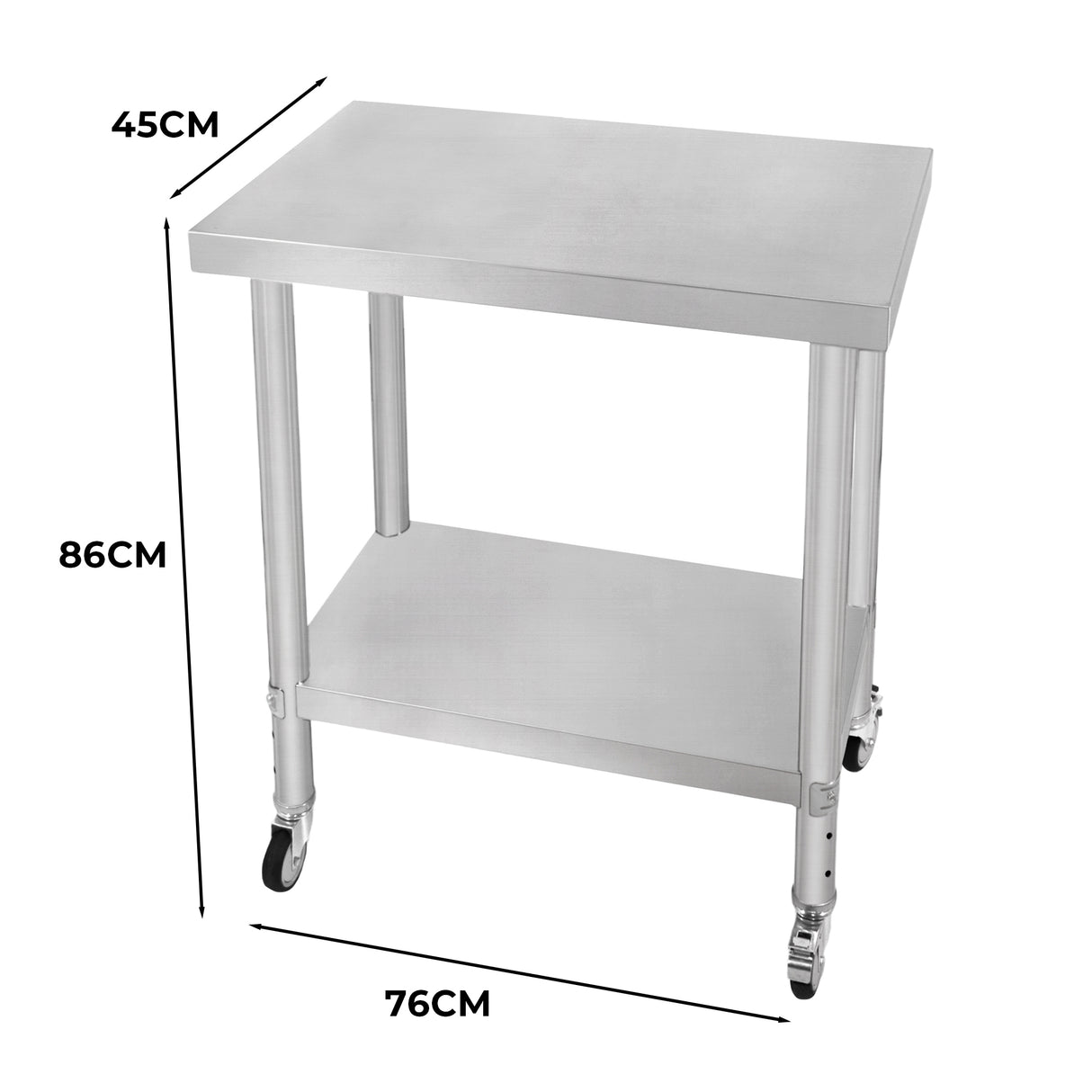 Plan de travail en inox, dimensions 76 x 45 x 86 cm, surface lisse, robuste, avec étagère inférieure et roulettes pour mobilité