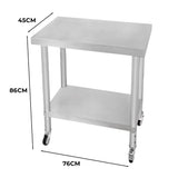 Plan de travail en inox, dimensions 76 x 45 x 86 cm, surface lisse, robuste, avec étagère inférieure et roulettes pour mobilité