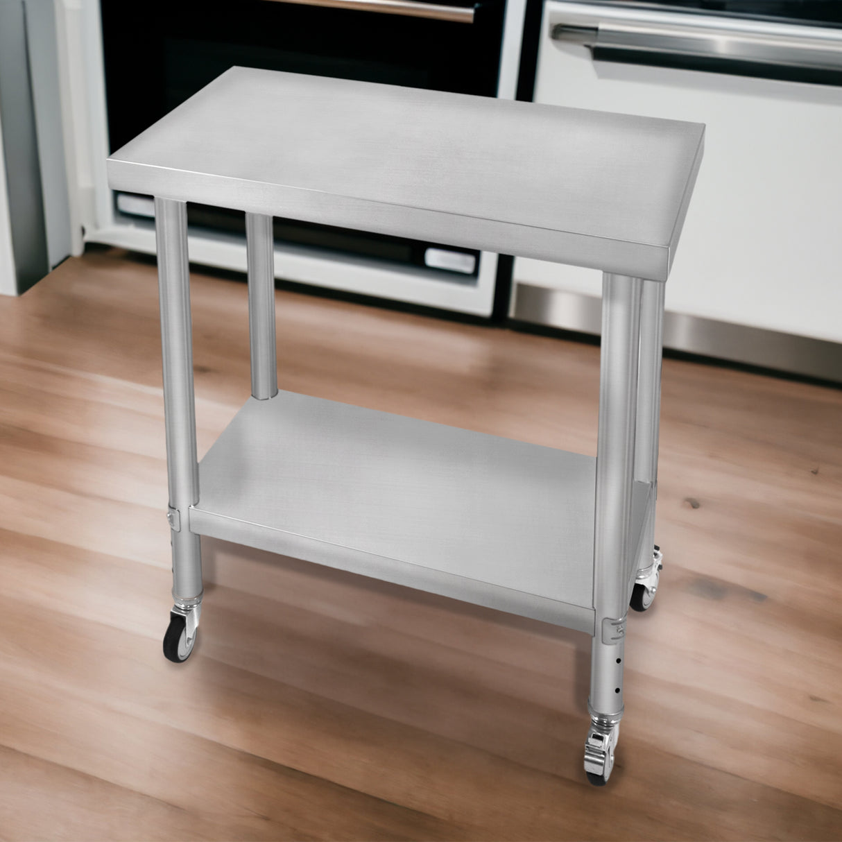 Plan de travail en inox, 76 x 45 x 86 cm, surface lisse, roulettes pour mobilité, étagère inférieure pratique, design moderne