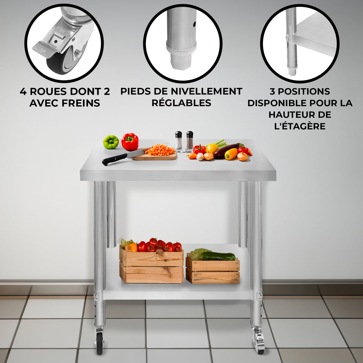 Plan de travail en inox avec surface lisse, roulettes, pieds réglables et trois niveaux de rangement, idéal pour la cuisine