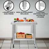 Plan de travail en inox avec surface lisse, roulettes, pieds réglables et trois niveaux de rangement, idéal pour la cuisine