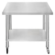 Plan de travail en inox, surface lisse et brillante, dimensions 76 x 90 x 86 cm, avec roulettes pour un déplacement facile