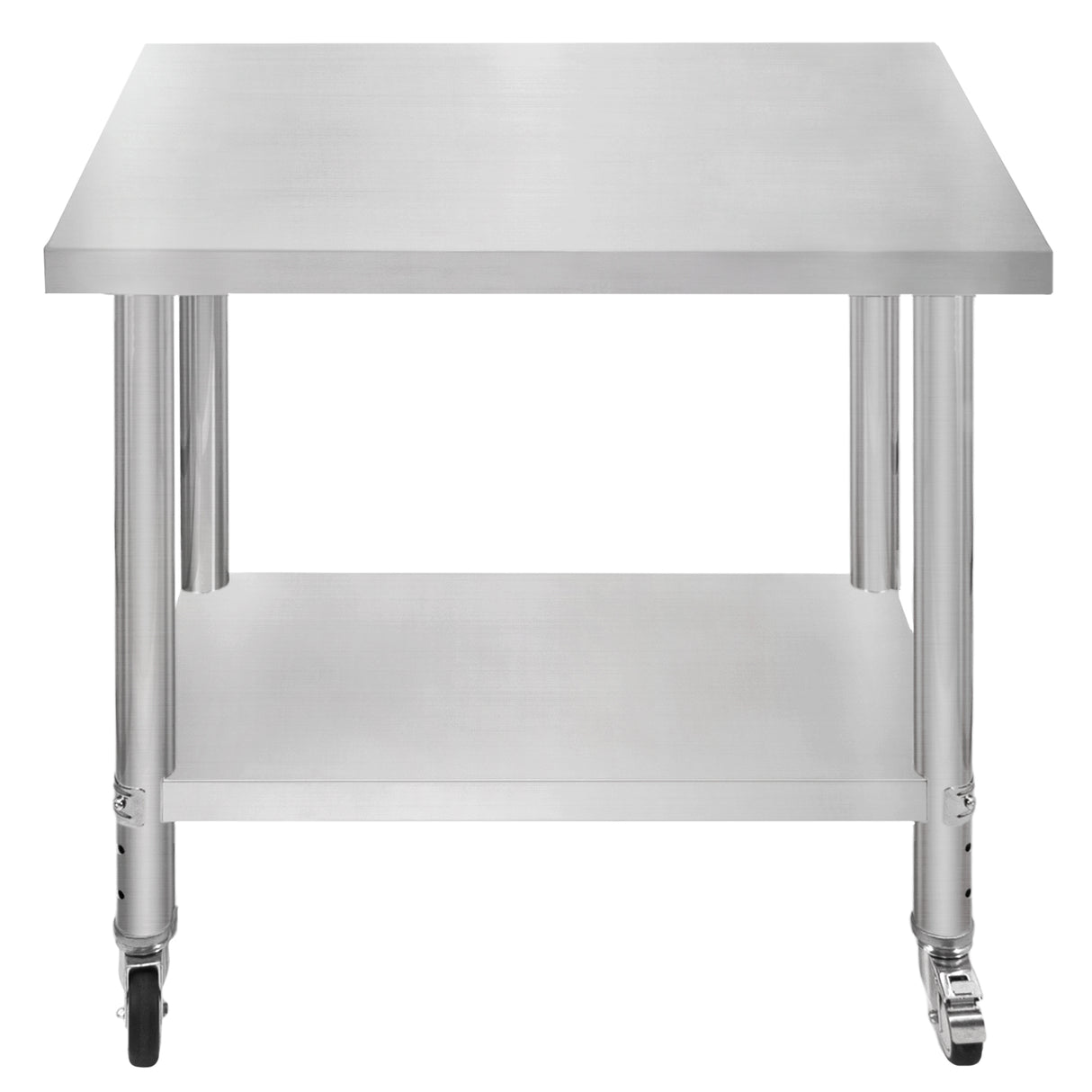 Plan de travail en inox, surface lisse et brillante, dimensions 76 x 90 x 86 cm, avec roulettes pour un déplacement facile