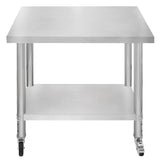 Plan de travail en inox, surface lisse et brillante, dimensions 76 x 90 x 86 cm, avec roulettes pour un déplacement facile