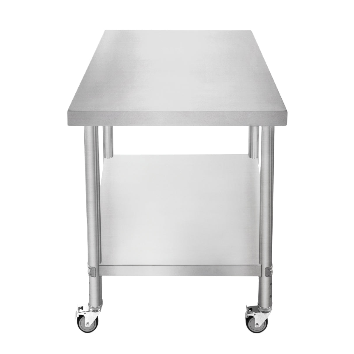 Plan de travail en inox, surface lisse et brillante, dimensions 76 x 90 x 86 cm, avec étagère inférieure et roulettes pour mobilité