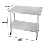 Plan de travail en inox brillant, dimensions 76 x 90 x 86 cm, avec étagère inférieure et roulettes pour mobilité facile