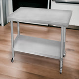 Plan de travail en inox de 76 x 90 x 86 cm, surface lisse et brillante, avec étagère inférieure et roulettes pour mobilité facile