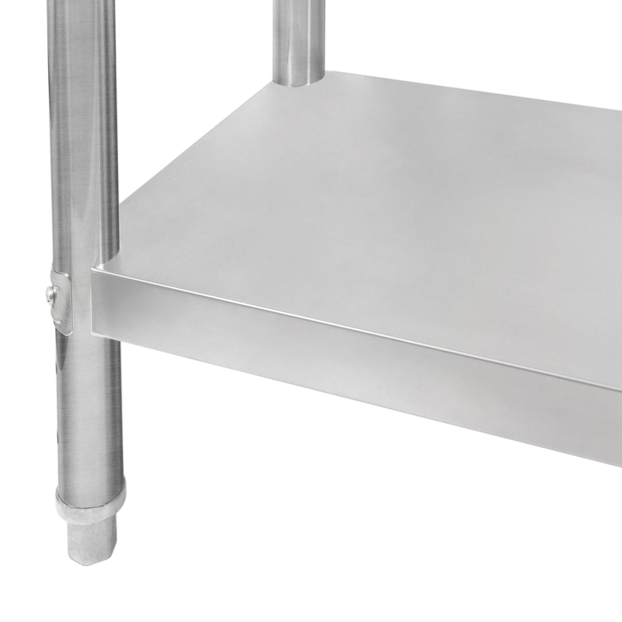 Plan de travail en inox brillant, dimensions 76 x 90 x 86 cm, avec étagère inférieure et pieds en acier robuste, idéal pour cuisine professionnelle