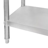 Plan de travail en inox brillant, dimensions 76 x 90 x 86 cm, avec étagère inférieure et pieds en acier robuste, idéal pour cuisine professionnelle