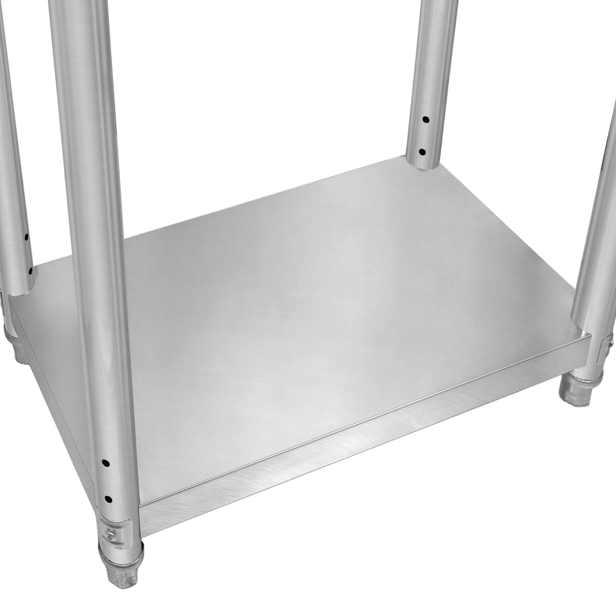 Plan de travail en inox brillant, dimensions 76 x 90 x 86 cm, avec surface lisse et pieds robustes pour une utilisation professionnelle