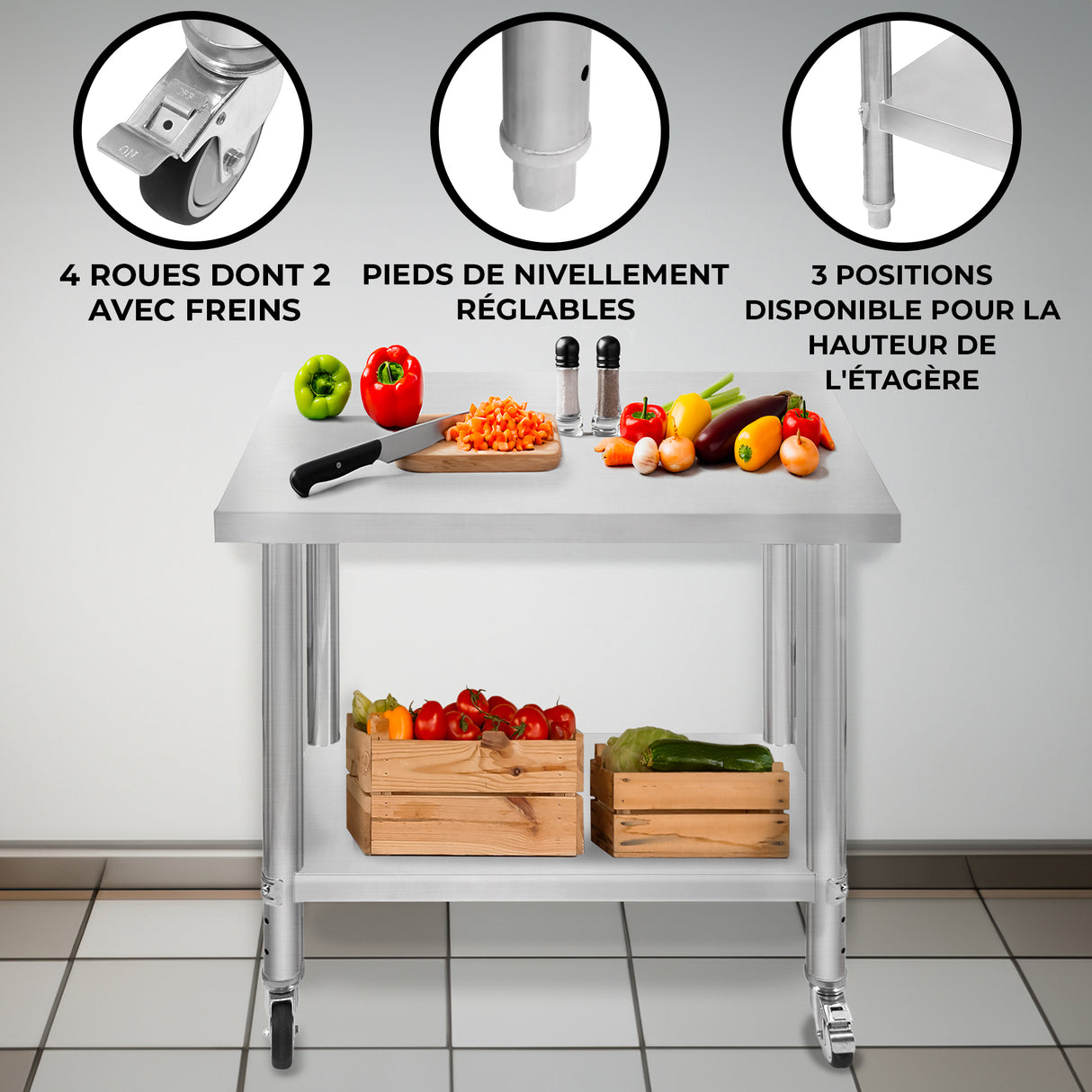 Plan de travail en inox avec roulettes, surface lisse, légumes colorés, planche à découper, et étagères en bois pour rangement