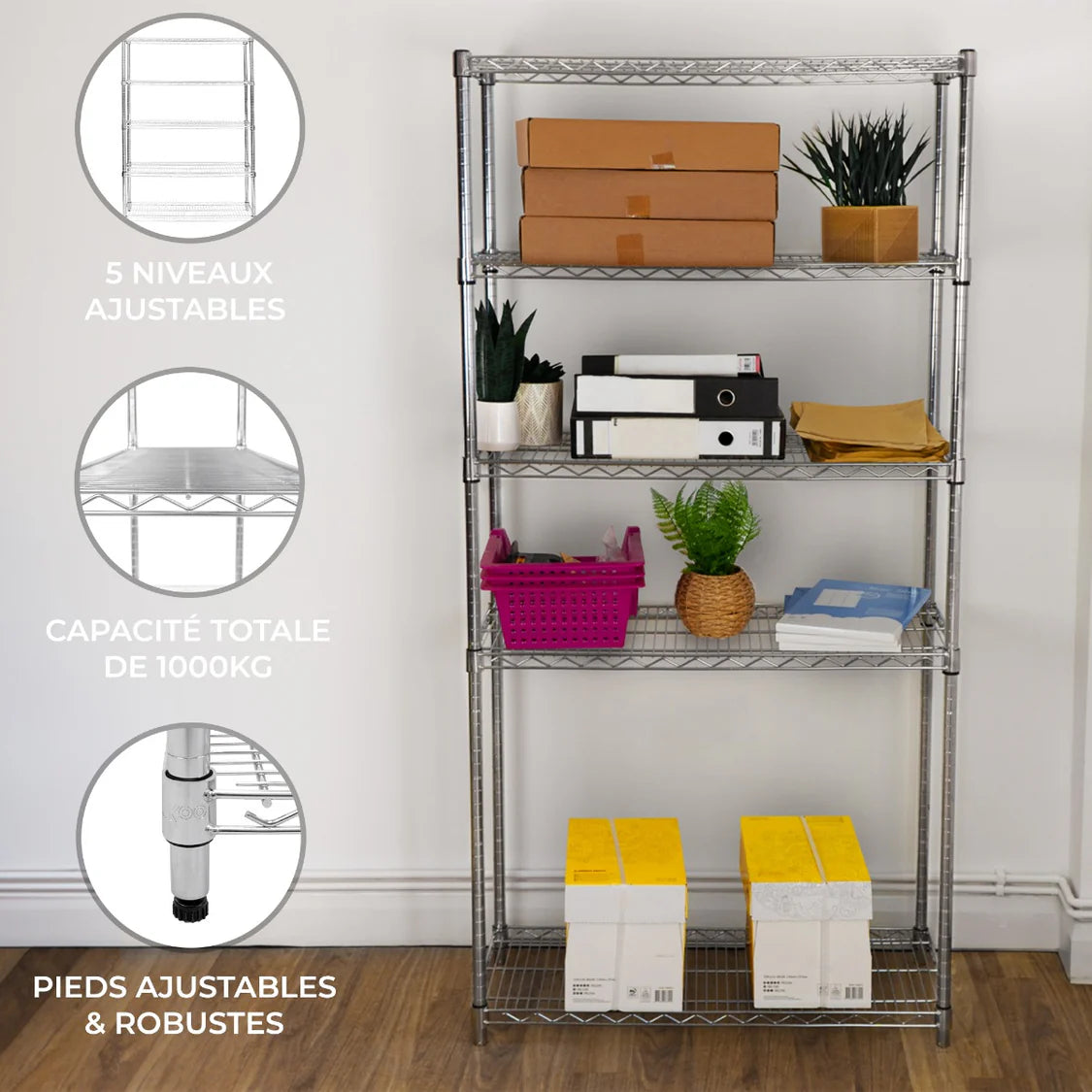 Étagère en fil d'acier argenté de 180 cm, avec cinq niveaux ajustables, décorée de plantes et de boîtes de rangement colorées