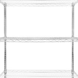 Étagère en fil d'acier chromé, dimensions 45 cm x 90 cm x 180 cm, avec trois niveaux de rangement ouverts et une texture métallique brillante