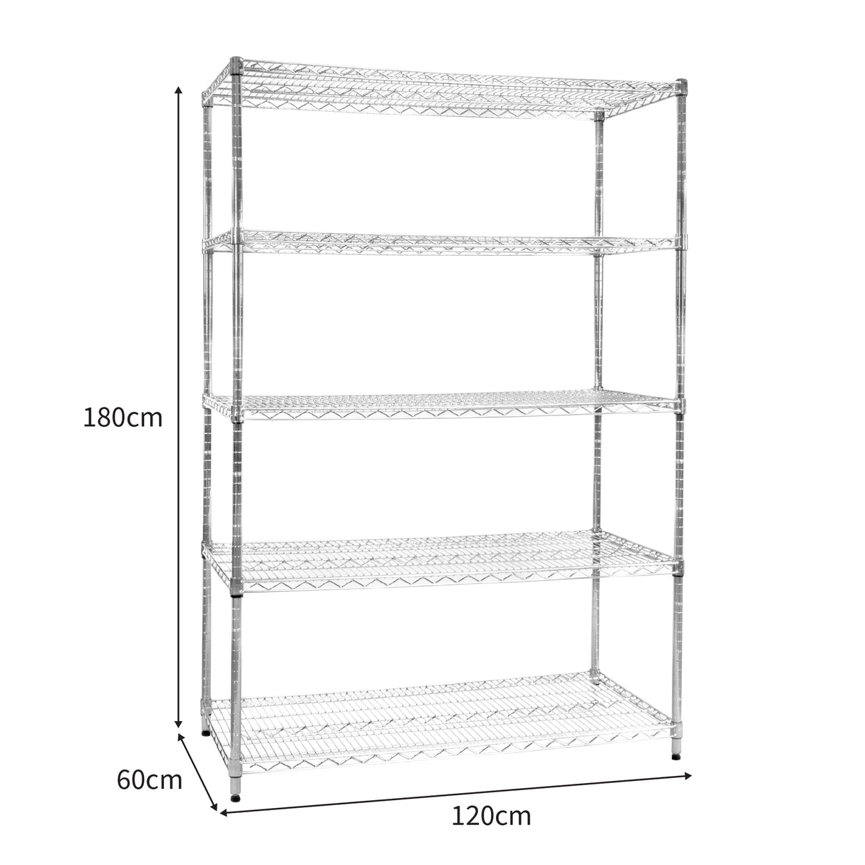 Étagère en fil d'acier chromé de 60 cm x 120 cm x 180 cm, avec quatre étagères ouvertes et une finition lisse et brillante