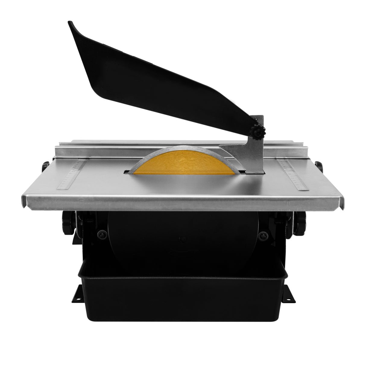 Scie à eau pour carrelage T-Mech, 180 mm, 600 W, avec plateau en métal, lame dorée et protection en plastique noir, design compact et robuste