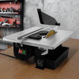 Scie à eau pour carrelage T-Mech, 180 mm, 600 W, avec table en aluminium, disque de coupe, et réservoir noir pour l'eau