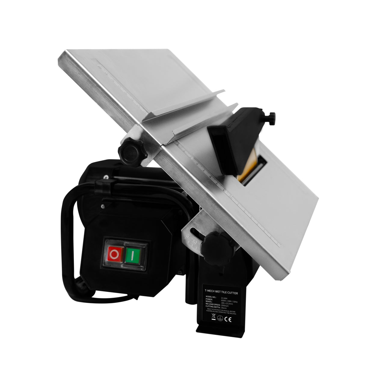 Scie à eau pour carrelage T-Mech, 180 mm, 600 W, avec plateau en aluminium, boutons de contrôle rouge et vert, design compact et robuste