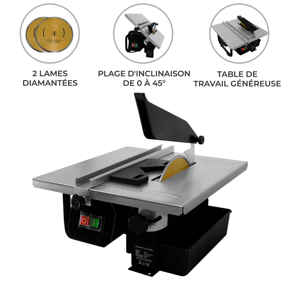Scie à eau pour carrelage T-Mech avec table en métal, lames diamantées, et inclinaison réglable de 0 à 45 degrés