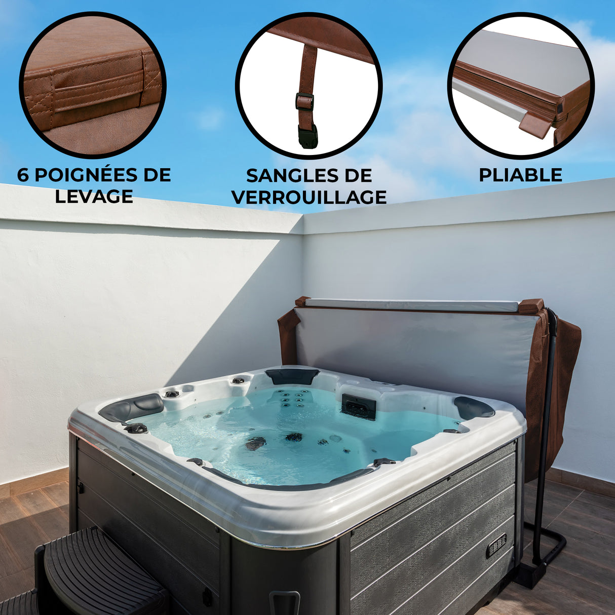 Housse de spa marron pliable de 200 cm x 200 cm avec sangles de verrouillage et poignées de levage sur un spa moderne