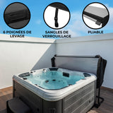 Housse de spa noire pliable de 200 cm x 200 cm, avec sangles de verrouillage et poignées de levage pour un usage pratique et sécurisé