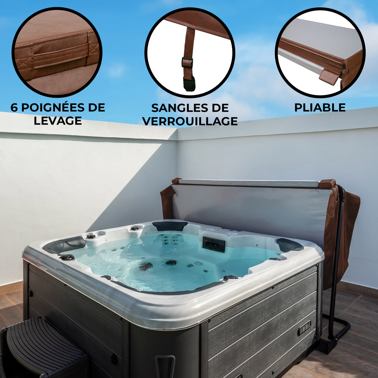 Housse de spa marron pliable de 210 cm x 210 cm, avec sangles de verrouillage et poignées de levage, idéale pour protéger votre spa