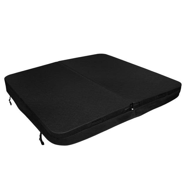 Housse de spa noire en matériau résistant, dimensions 210 cm x 210 cm, texture lisse, idéale pour protéger votre spa des intempéries