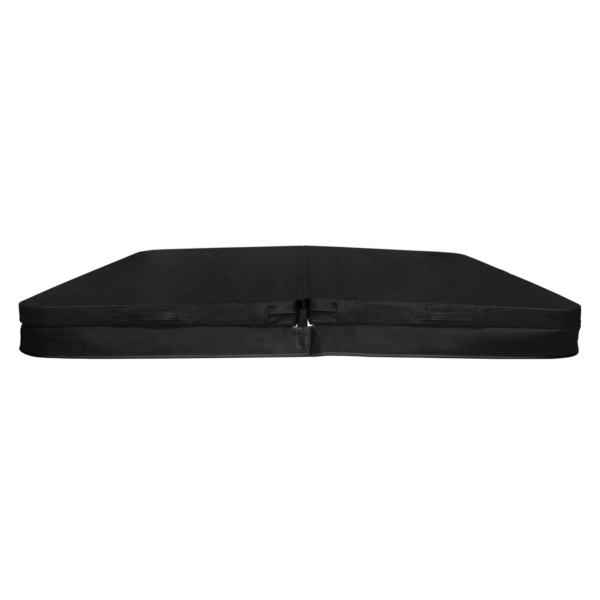 Housse de spa noire en matériau résistant, mesurant 210 cm x 210 cm, avec une texture lisse et des bords renforcés pour une protection optimale