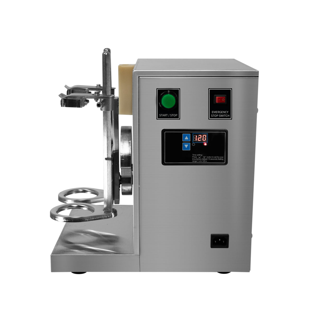 Shaker à bubble tea automatique en acier inoxydable, avec écran numérique, boutons de contrôle et bras de mélange argenté, design moderne et compact