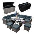 Salon de jardin en rotin gris pour 9 personnes, avec coussins confortables, table en verre et coffre de rangement pratique