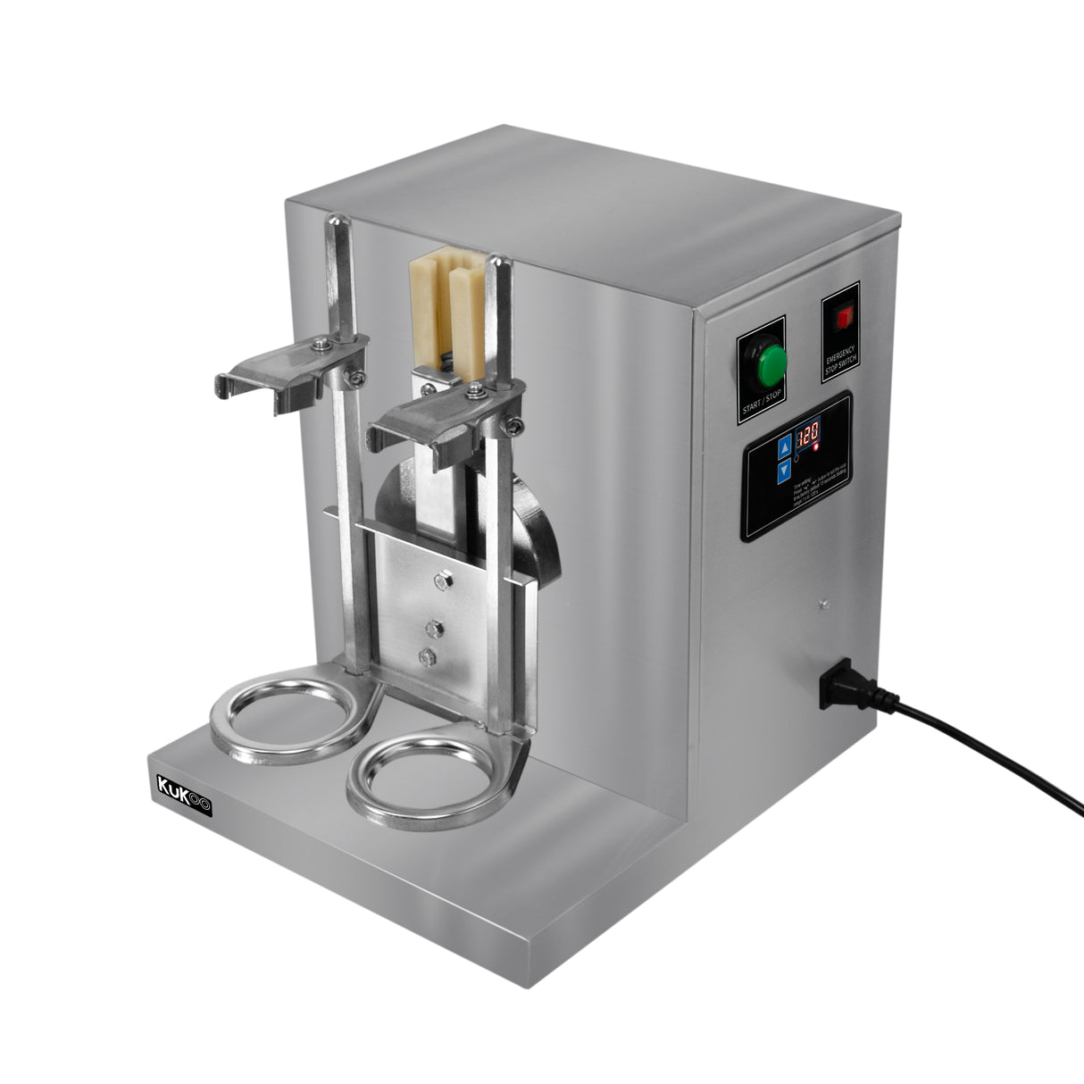 Shaker à bubble tea automatique en acier inoxydable, avec deux bras pour maintenir les shakers, boutons de contrôle et écran numérique